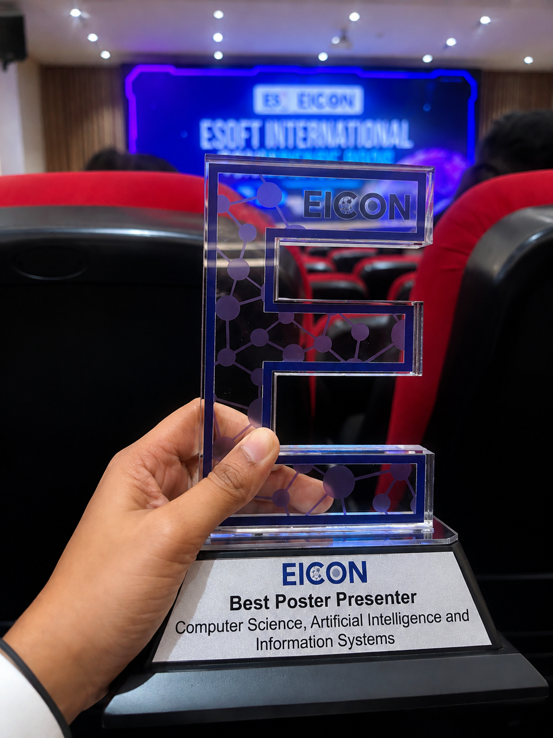 EICON 2026 Best Poster Presenter award trophy for EdgeTal, held at the ESOFT International Conference